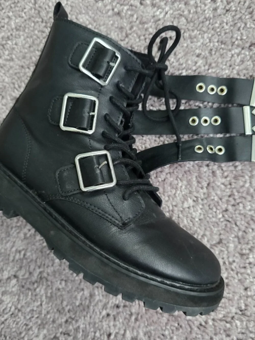 Zara Black Triple Buckle Combat Boots Faux Leather Moto Punk Goth Side Zip 34